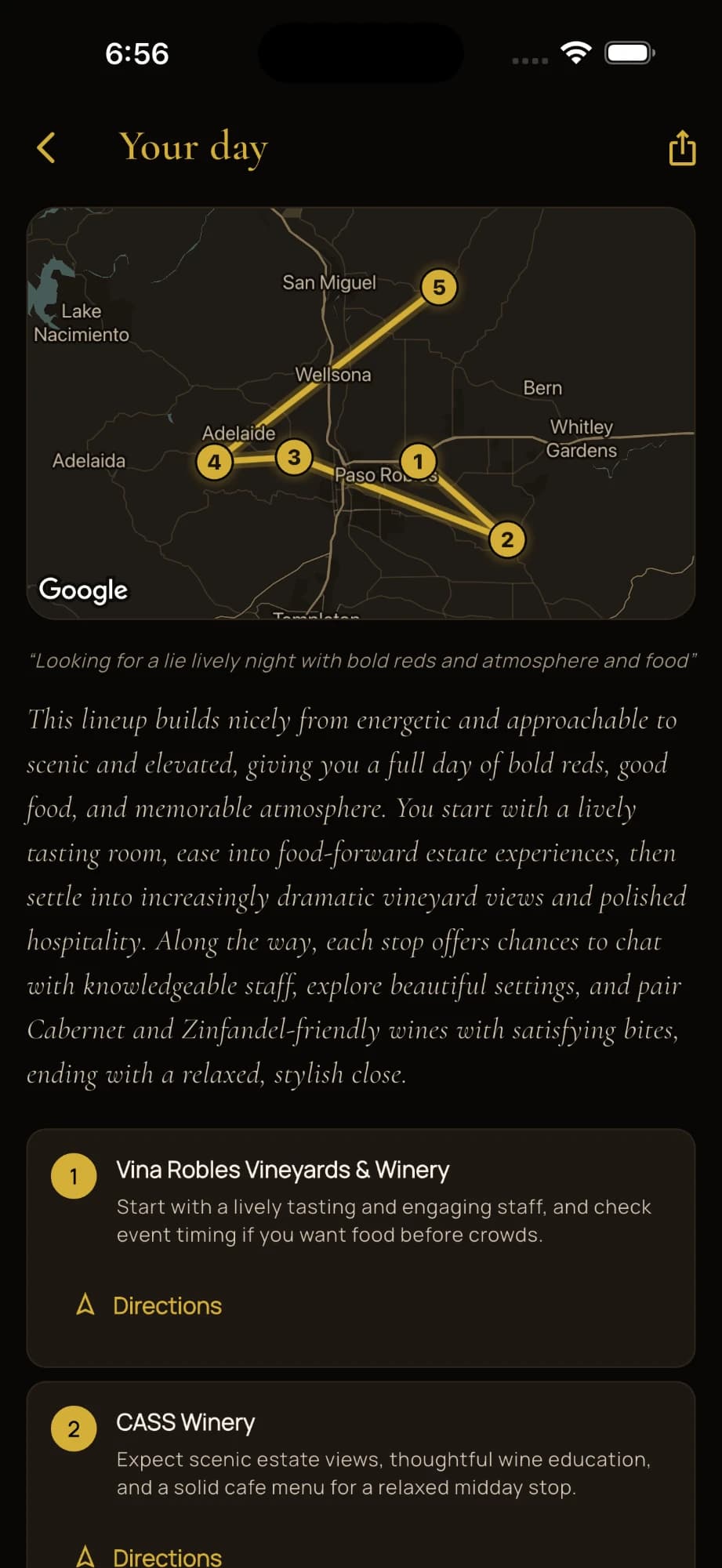 App screen: a planned day in Paso Robles, with a map of five stops and a reason for each