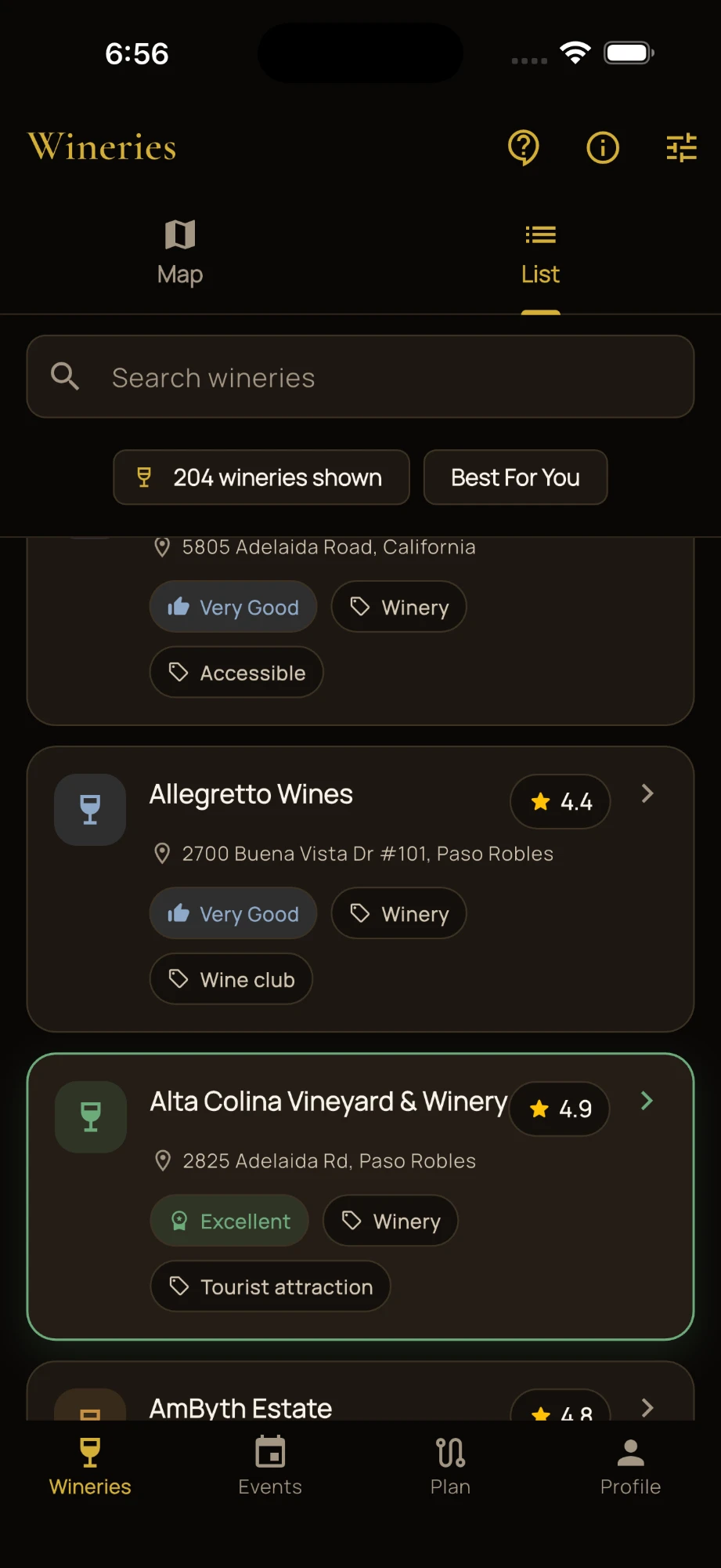 App screen: Paso Robles wineries, each rated Very Good or Excellent for the visitor