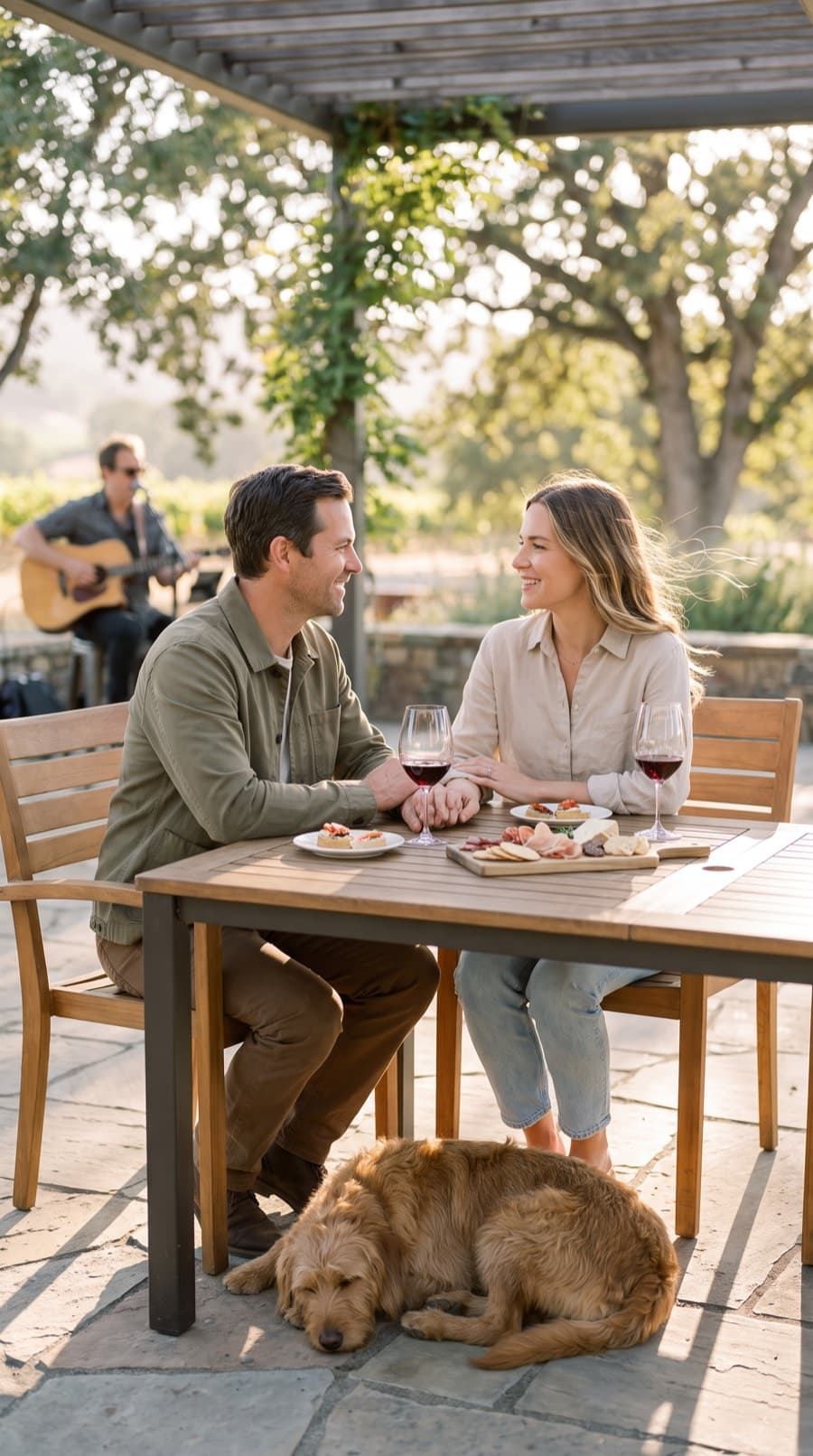 A couple sharing red wine on a vineyard patio while their dog naps and a guitarist plays