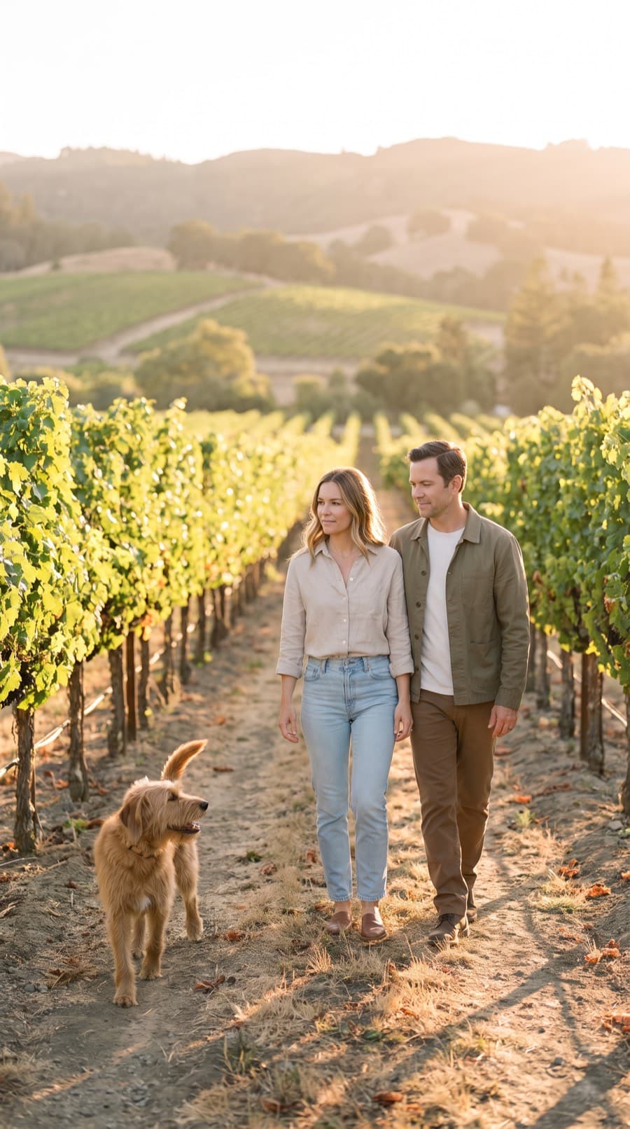 A couple walking through a vineyard with their dog